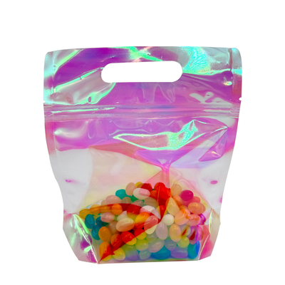 Beli Custom Pink Radiant Holographic Color Stand Up Bags dengan Zipper dan Handle Hole untuk Kemasan Aksesoris Makanan online manufacture