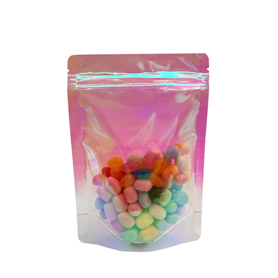 Beli Custom Rainbow Holographic Pink Color Stand Up Bags dengan Zipper yang bisa ditutup kembali untuk kemasan makanan, permen, aksesoris, online manufacture