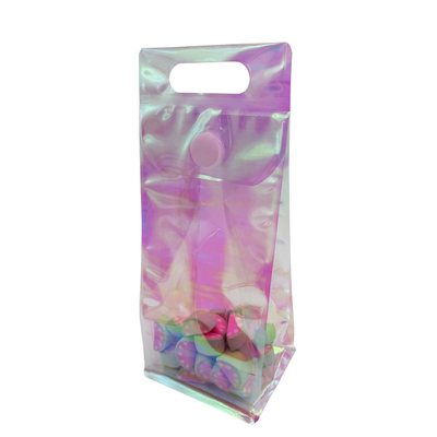Beli Tas Holographic Custom Pink Rainbow Clear Flat Bottom Stand Up Bags dengan tombol lengket yang bisa ditutup kembali untuk aksesori permen online manufacture