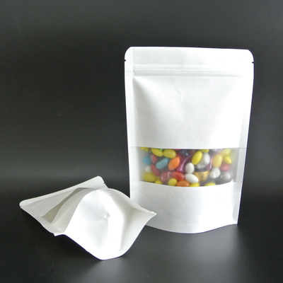 Beli Kantong Kertas Kraft Stand Up Putih Disesuaikan dengan Jendela Matte Clear dengan Ritsleting untuk Permen, Makanan ringan, Kemasan Makanan online manufacture