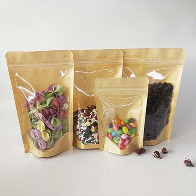 Beli Bagian Depan Tangan Transparan Bagian Belakang Brown Kraft Bags Stand Up Kraft Bags dengan Ziplock untuk penyimpanan kemasan makanan online manufacture
