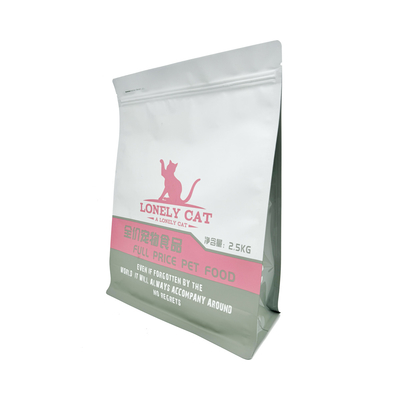 2500g Custom Matte White 8 Sides Seal AL Foil Coated Square Box Bottom Pet Food Packaging Bags dengan Zipper yang mudah dibuka