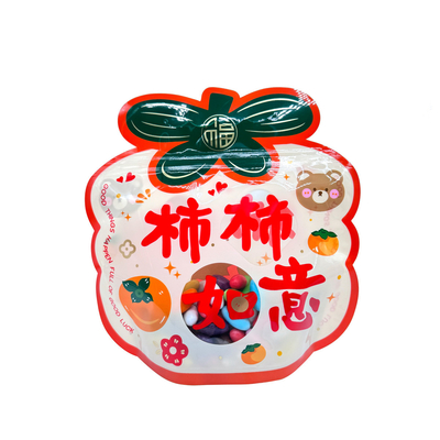 Custom Orange Persimmon Shape Printed Zip Lock Stand Up Bags with Clear Window and Bottom for Packaging Kids Snacks (Bagian bawah dan jendela yang jelas untuk mengemas makanan ringan anak-anak)