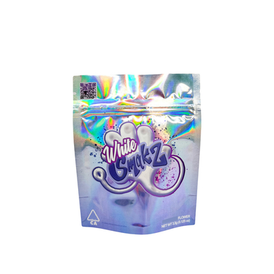 Perak Holographic Resealeable Stand Up Mylar Food Bags 3,5g Pola Kartun Khusus