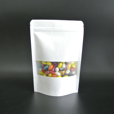 Waterproof Matte Plastic Film Laminate Stand Up White Paper Bag with Zipper Window untuk makanan ringan, permen, kemasan makanan