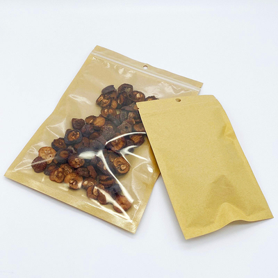 Eco Friendly Bagian Depan Transparan Jendela Jelas 3 Sisi Seal Kantong Flat Dengan Zipper Back Brown